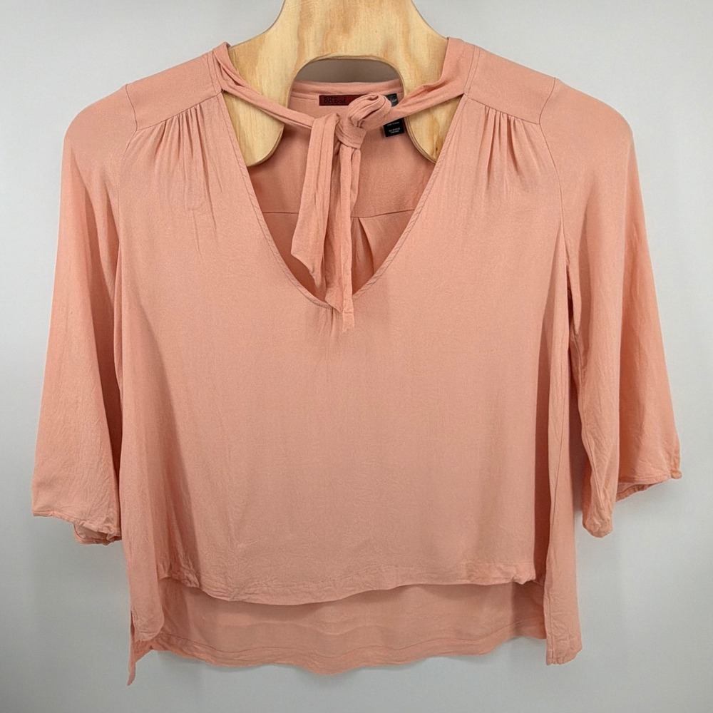 BKE Red Tie Neck Blouse Top XL Boho Peasant 3/4 Sleeve Peach